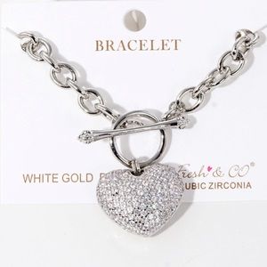 White Gold dipped Rhinestone Heart Toggle Clasp Bracelet